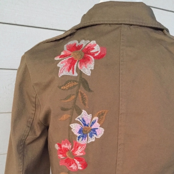 Jealous Tomato Khaki Moto Jacket With Floral Embroidery Large - Picture 4 of 6